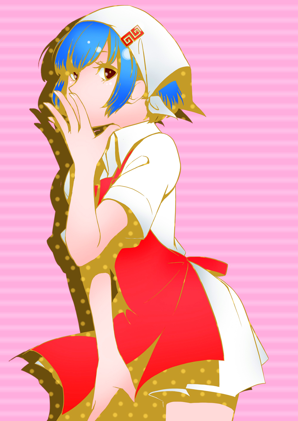 blue_hair brown_eyes getty getty_(pixiv) hair_ornament head_scarf highres nakamura_aika persona persona_4 pink_background pose solo