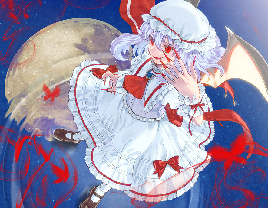 bat_wings fang fingernails from_above full_moon hat lavender_hair long_fingernails mary_janes moon nazuki_nazu open_mouth red_eyes red_nails reflection remilia_scarlet ribbon shoes solo touhou water wings wrist_cuffs