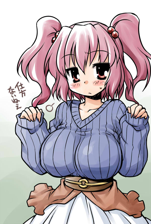 akou_roushi alternate_costume arms_up blush breasts hair_bobbles hair_ornament large_breasts onozuka_komachi pinching_sleeves pink_hair red_eyes ribbed_sweater sleeves_past_wrists solo sweatdrop sweater touhou translated twintails