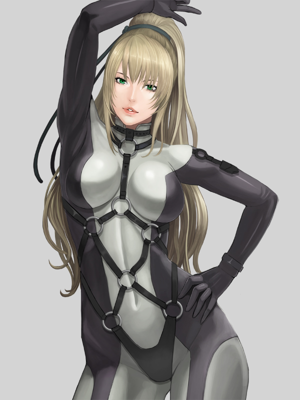 artist_request blonde_hair bodysuit border_break breasts character_request daglasses female green_eyes hand_on_hip hips lipstick long_hair makeup original simple_background solo source_request