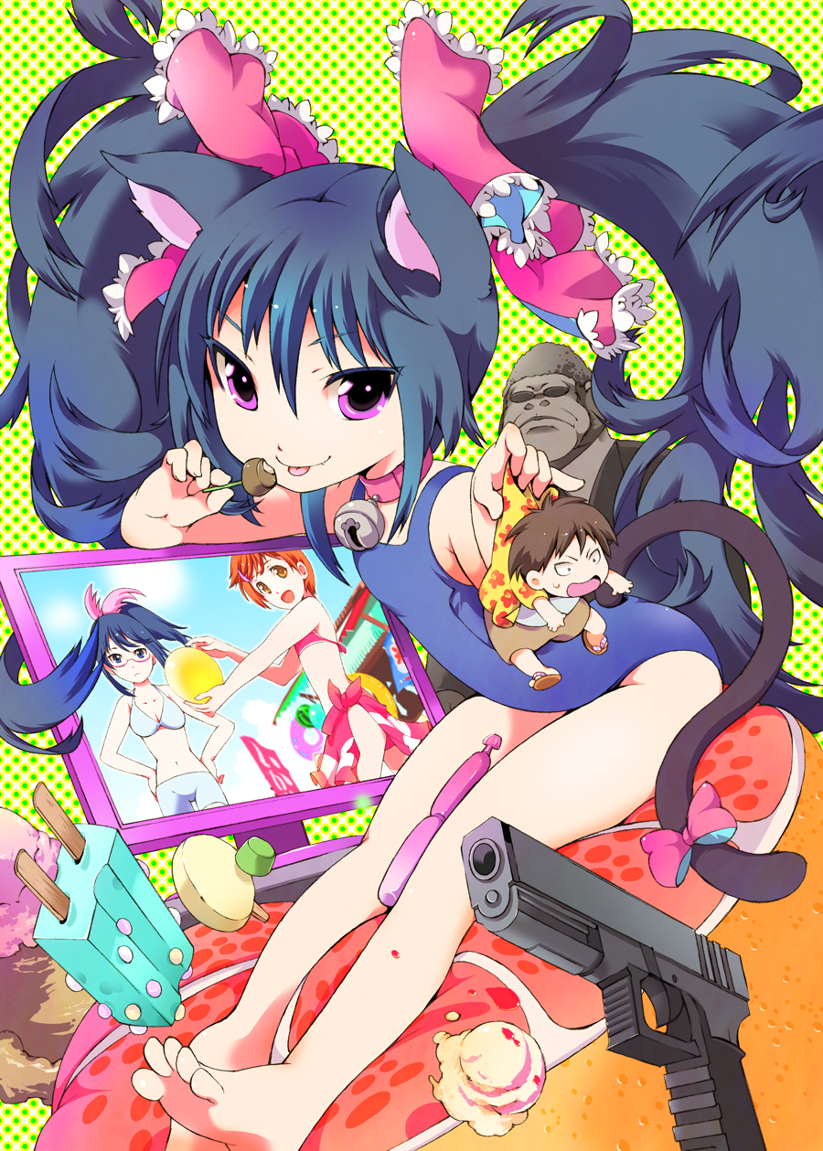 animal_ears barefoot bow cat_ears cat_tail feet gorilla gun hair_bow highres ichizen_(o_tori) long_hair multiple_girls one-piece_swimsuit original photo_(object) picture popsicle school_swimsuit swimsuit tail toes twintails weapon
