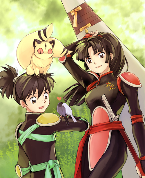 1girl armor artist_request bird bodysuit brother_and_sister brown_eyes brown_hair grass heart inuyasha katana kirara kirara_(inuyasha) kohaku_(inuyasha) mocha_y multiple_tails on_head ponytail sango sheath sheathed siblings sword tail weapon