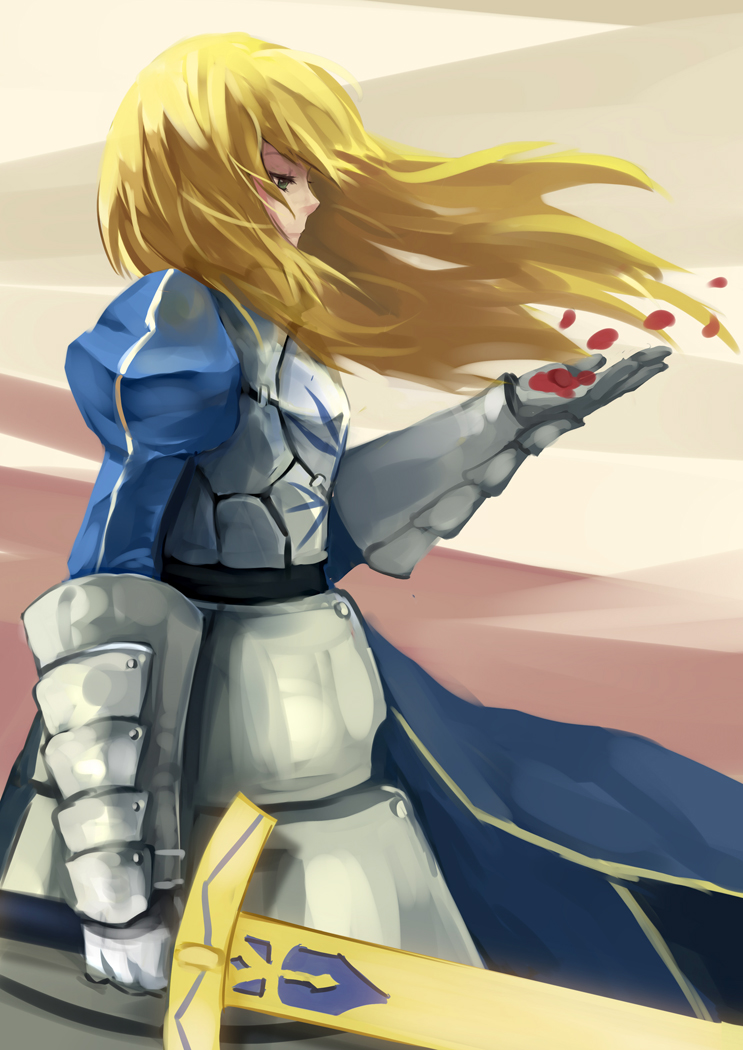 armor armored_dress bad_id blonde_hair dress excalibur fate/stay_night fate_(series) gauntlets green_eyes hair_down ld_(bearbellld) long_hair petals profile saber solo sword weapon