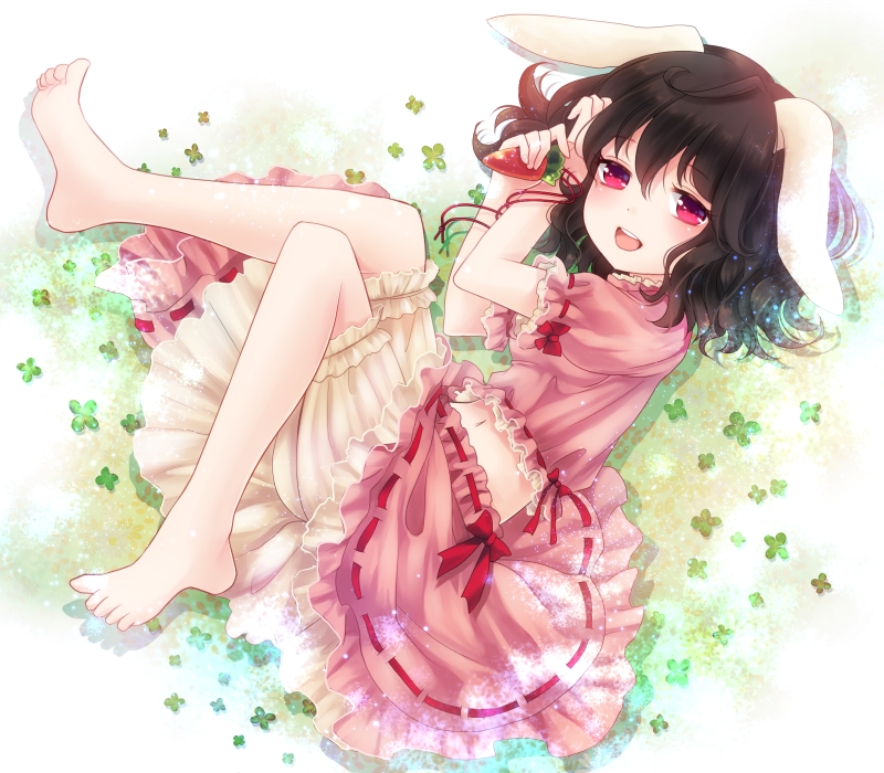 animal_ears barefoot bloomers brown_hair bunny_ears carrot child feet inaba_tewi jewelry lying midriff navel nunucco on_side pendant red_eyes short_hair skirt smile solo touhou