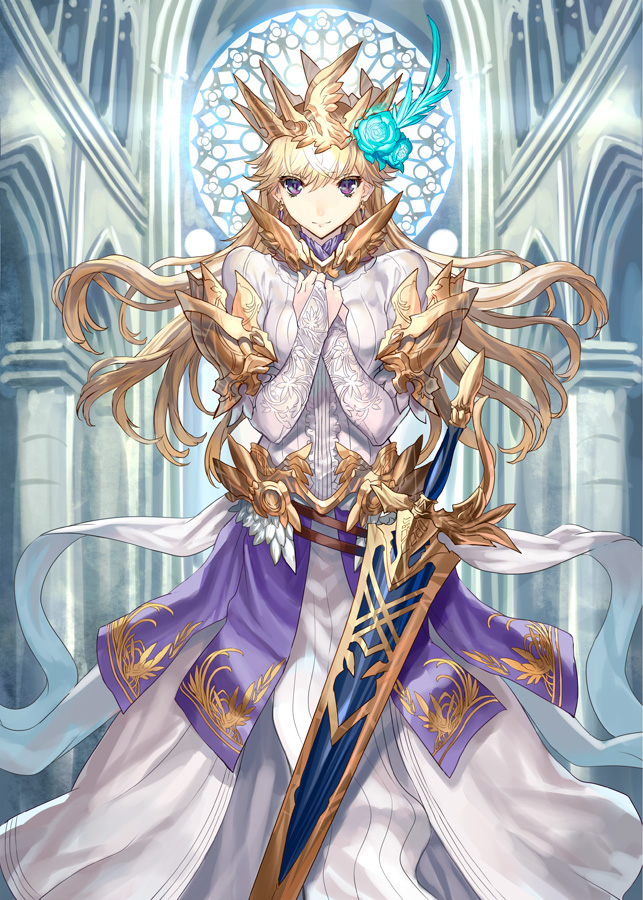 armor armored_dress blonde_hair blue_rose bridal_gauntlets chapel church crown earrings flower flower_on_head hair_flower hair_ornament hands_on_own_chest hands_together jewelry long_dress long_hair original patterned pillar purple_eyes ran'ou_(tamago_no_kimi) ranou rose sheath sheathed smile solo sword violet_eyes weapon