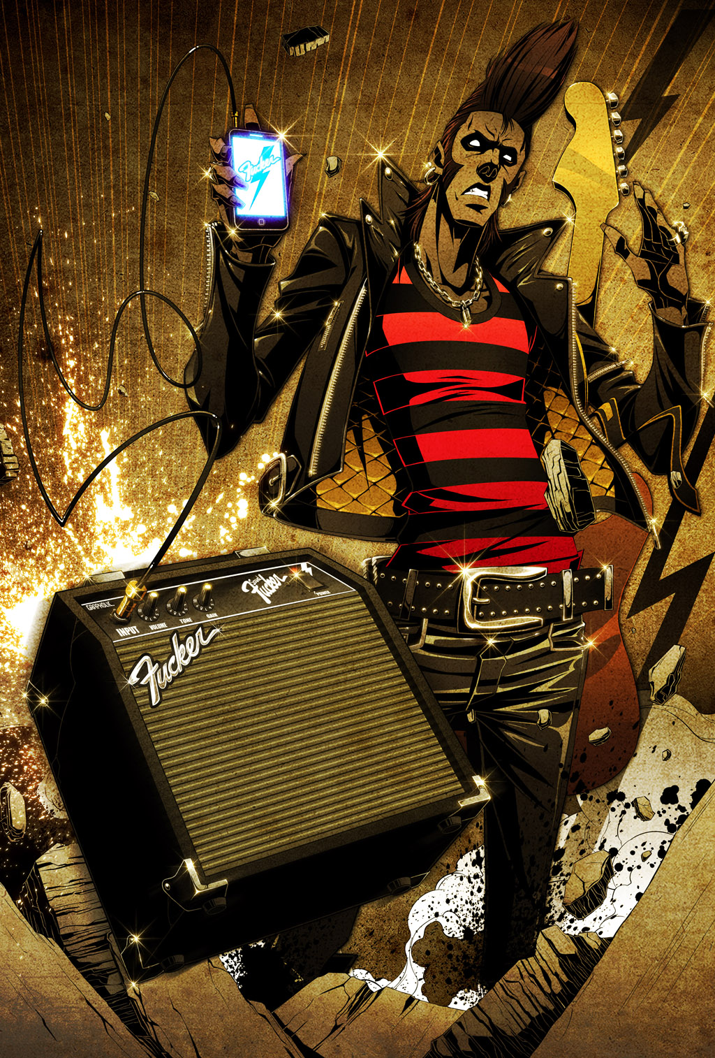 apple_inc. belt brown_hair dark_skin earrings glowing godtail guitar highres instrument iphone jewelry leather_jacket leather_pants open_clothes original parody phone ring speaker striped zipper