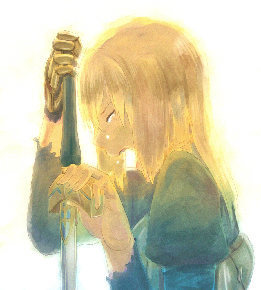 1girl armor bad_id blonde_hair dress excalibur fate/stay_night fate_(series) hair_down long_hair pietani397 profile puffy_sleeves saber solo sword tears weapon