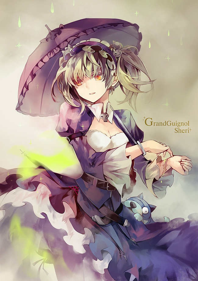 bad_id belt blonde_hair dress fori gothic_lolita headdress lolita_fashion parasol sheri short_hair solo stuffed_animal stuffed_toy umbrella unlight water_drop yellow_eyes