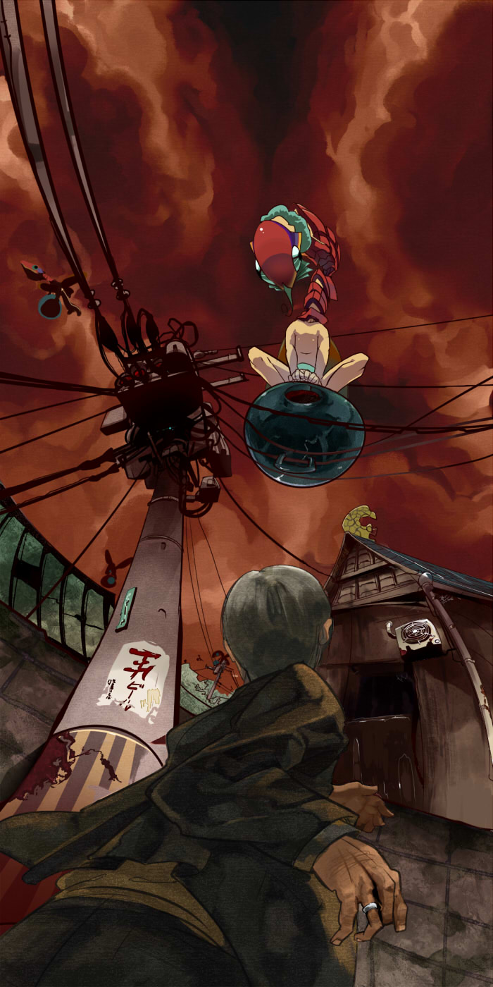 2boys black_hair from_below highres house jewelry mononoke_(empty) monster multiple_boys original red_sky ring shachihoko shirtless sitting sky telephone_pole wire