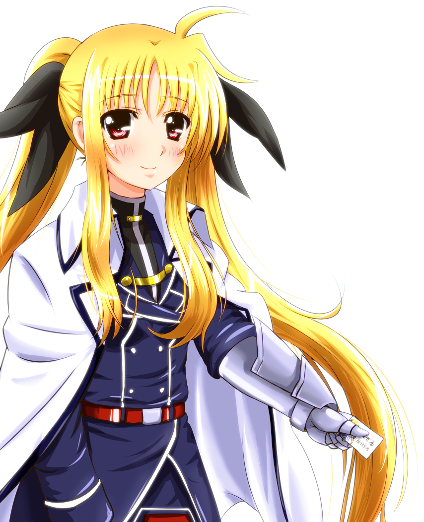 belt blonde_hair blush card cloak diesel-turbo fate_testarossa gauntlets long_hair lyrical_nanoha mahou_shoujo_lyrical_nanoha mahou_shoujo_lyrical_nanoha_strikers recursion red_eyes smile solo thigh-highs thighhighs twintails uniform