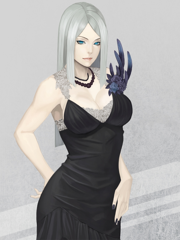 artist_request black_dress black_nails black_rose blue_eyes border_break breasts character_request cleavage daglasses dress flower grey_background hitori_doumei jewelry large_breasts long_hair nail_polish necklace rose silver_hair solo source_request white_hair