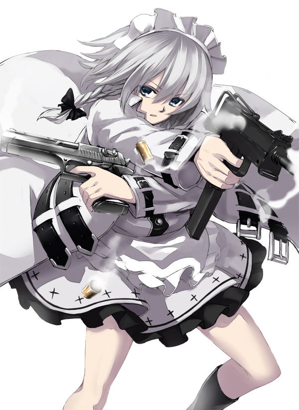 alternate_costume belt black_legwear blue_eyes braid casing_ejection coat crossed_arms desert_eagle dual_wielding gun handgun izayoi_sakuya mac-10 pistol ribbon shell_casing short_hair silver_hair skirt smoke smoking_gun solo submachine_gun takemori_shintarou touhou twin_braids weapon