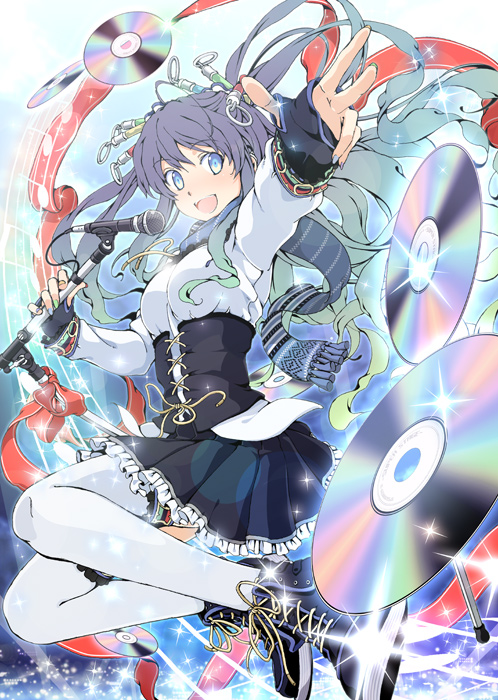 aka_ringo blue_eyes cd corset fingerless_gloves frilled_skirt gloves grey_hair hair_ornament long_hair long_sleeves microphone microphone_stand open_mouth original patterned reaching red_ribbon ribbon scarf shoes smile sneakers solo thigh-highs thighhighs white_legwear