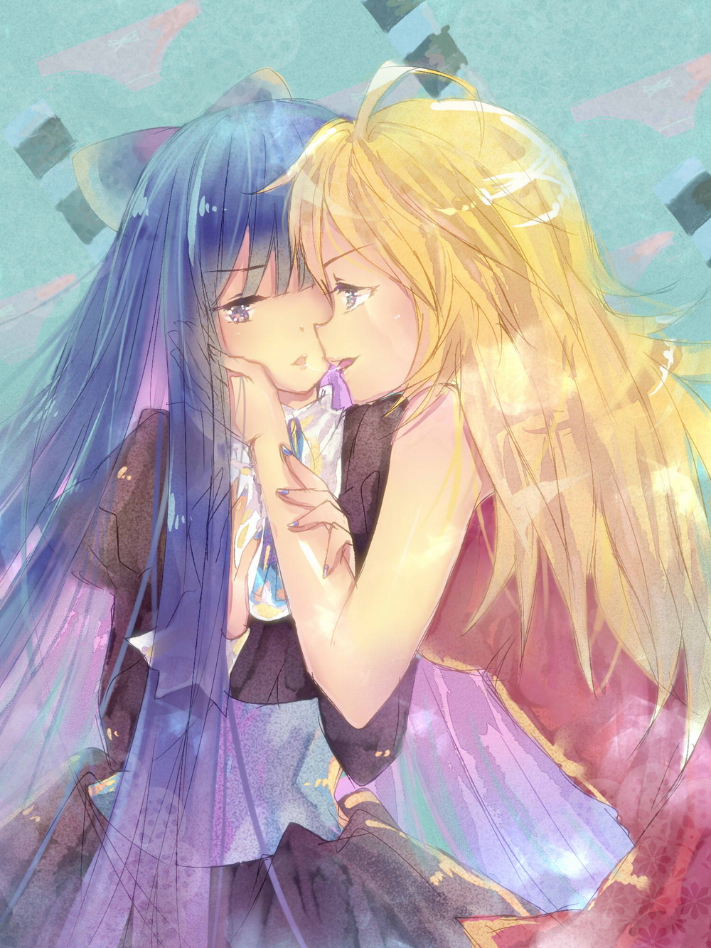 arm_grab bad_id blonde_hair blue_hair highres incest kiss long_hair make2961 mielang multiple_girls panty_&amp;_stocking_with_garterbelt panty_(character) panty_(psg) saliva saliva_trail siblings sisters stocking_(character) stocking_(psg) very_long_hair yuri