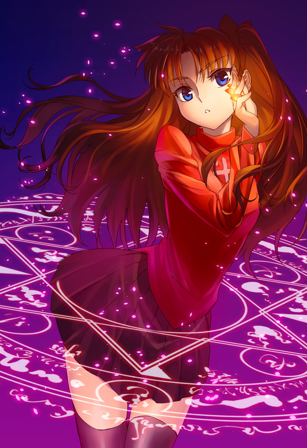 between_fingers black_hair black_legwear blue_eyes brown_hair fate/stay_night fate_(series) hair_ribbon long_hair looking_at_viewer magic_circle open_mouth parted_lips ribbon skirt solo thigh-highs thighhighs tohsaka_rin toosaka_rin turtleneck twintails two_side_up yangsion zettai_ryouiki