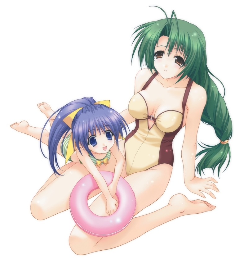 :d antenna_hair artist_request barefoot bikini blue_eyes blue_hair breasts brown_eyes character_request child feet green_hair hair_ribbon innertube kimizuka_aoi long_hair low-tied_long_hair lying multiple_girls on_lap on_stomach one-piece_swimsuit open_mouth pia_carrot pia_carrot_(series) pia_carrot_e_youkoso!!_g.o. pia_carrot_go ponytail sitting smile source_request striped striped_bikini striped_swimsuit swimsuit wariza yamana_kaede yamana_tokiko