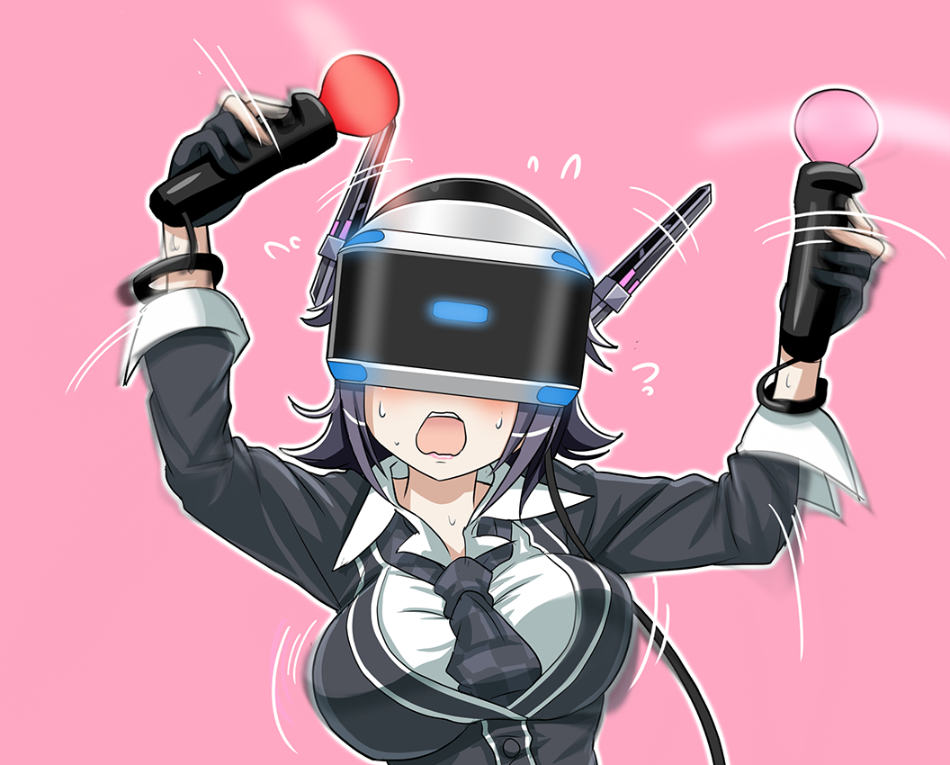 1girl afterimage black_gloves black_hair black_necktie blush bouncing_breasts breasts checkered checkered_necktie collared_shirt commentary_request confused covered_eyes flying_sweatdrops game_console gloves hands_up headgear holding kantai_collection large_breasts long_sleeves motion_blur motion_lines necktie outline partly_fingerless_gloves pink_background pink_lips playstation playstation_vr shirt short_hair simple_background solo sweat tenryuu_(kantai_collection) tk8d32 upper_body vr_visor wavy_mouth white_shirt wire