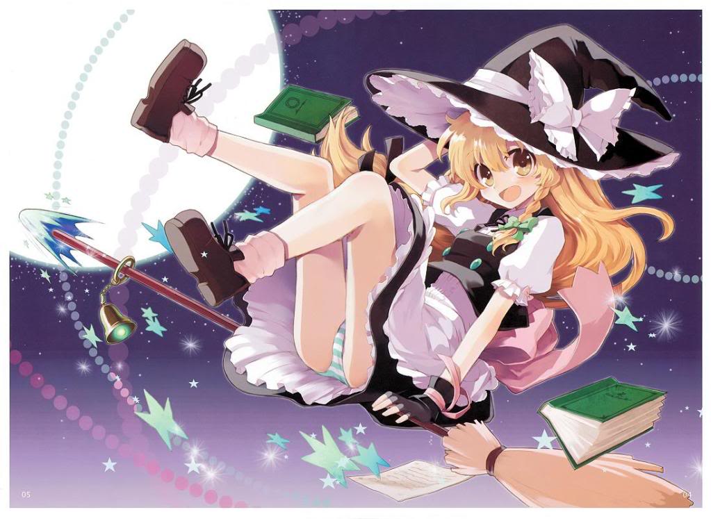 :d bare_legs book braid broom broom_riding buttons chiba_sadoru dress fingerless_gloves full_moon gloves hair_ribbon hand_behind_head hand_on_hat happy hat jpeg_artifacts kirisame_marisa legs_up moon night night_sky open_mouth panties pantyshot ribbon sencha shoes side_braid sky smile socks solo star striped striped_panties touhou underwear witch witch_hat