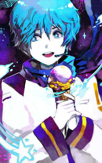 1boy bad_id blue_hair food gloves headset ice_cream kaito khj male short_hair solo star vocaloid