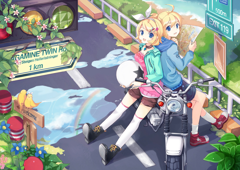 back-to-back back_to_back ball bird blonde_hair blue_eyes boots bow ei_(pakirapakira) hair_bow helmet jacket jin_young-in kagamine_len kagamine_rin legs map motor_vehicle motorcycle over-kneehighs puddle rainbow shorts siblings star thigh-highs thighhighs traffic_light traffic_lights twins vehicle vocaloid water