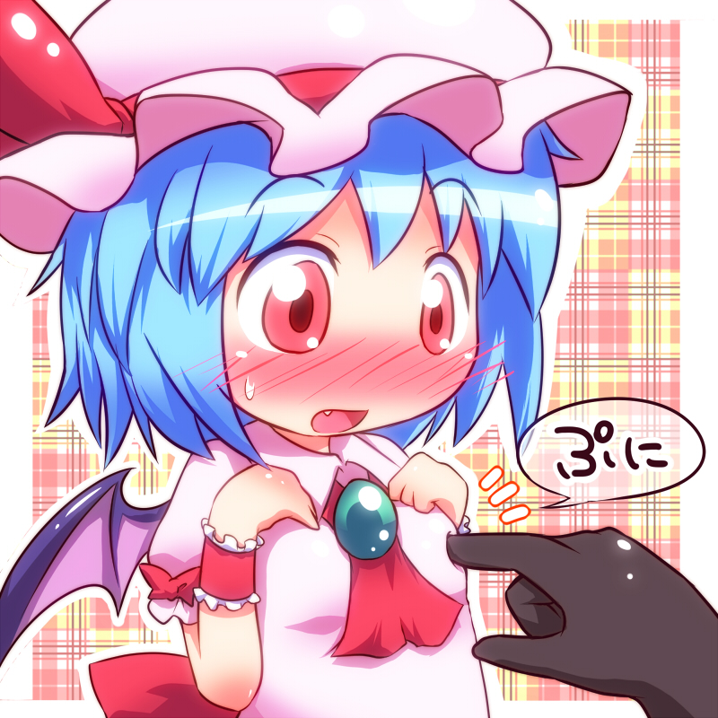 bad_id bat_wings blue_hair blush breast_poke fang poke poking red_eyes remilia_scarlet touhou wings