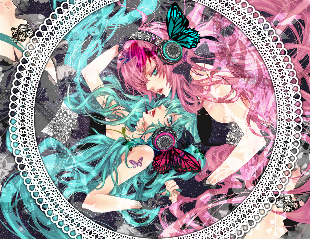 aqua_eyes aqua_hair butterfly butterfly_hair_ornament butterfly_wings fingerless_gloves gloves hair_ornament hand_holding hatsune_miku headphones headset hina_(pixiv1189226) holding_hands lace lee_sun_young long_hair magnet_(vocaloid) megurine_luka multiple_girls nail_polish pink_hair tattoo twintails very_long_hair vocaloid wings yuri