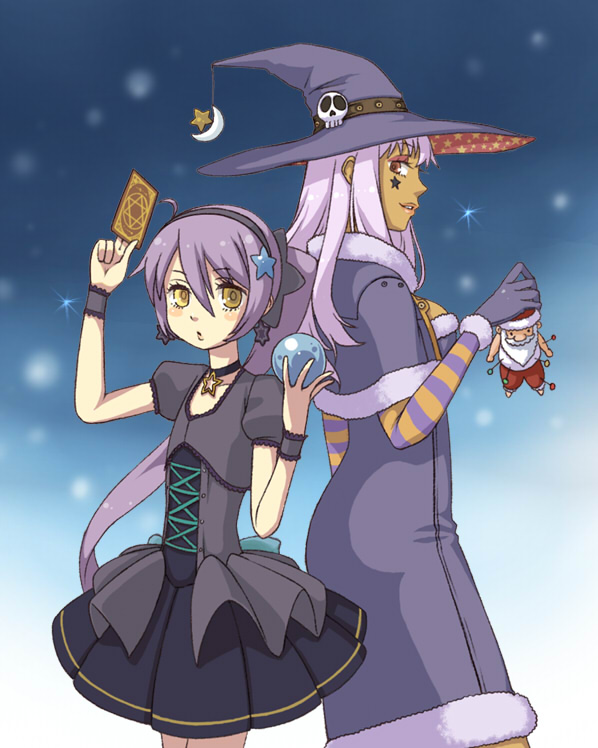 black_santa_costume card cards doll dress earrings hat holding holding_card jewelry long_hair moon ponytail purple_hair santa_costume shirayuki_usami skull star stella_(trickster) trickster voodoo_doll witch witch_hat witch_la_befana_(trickster) yellow_eyes