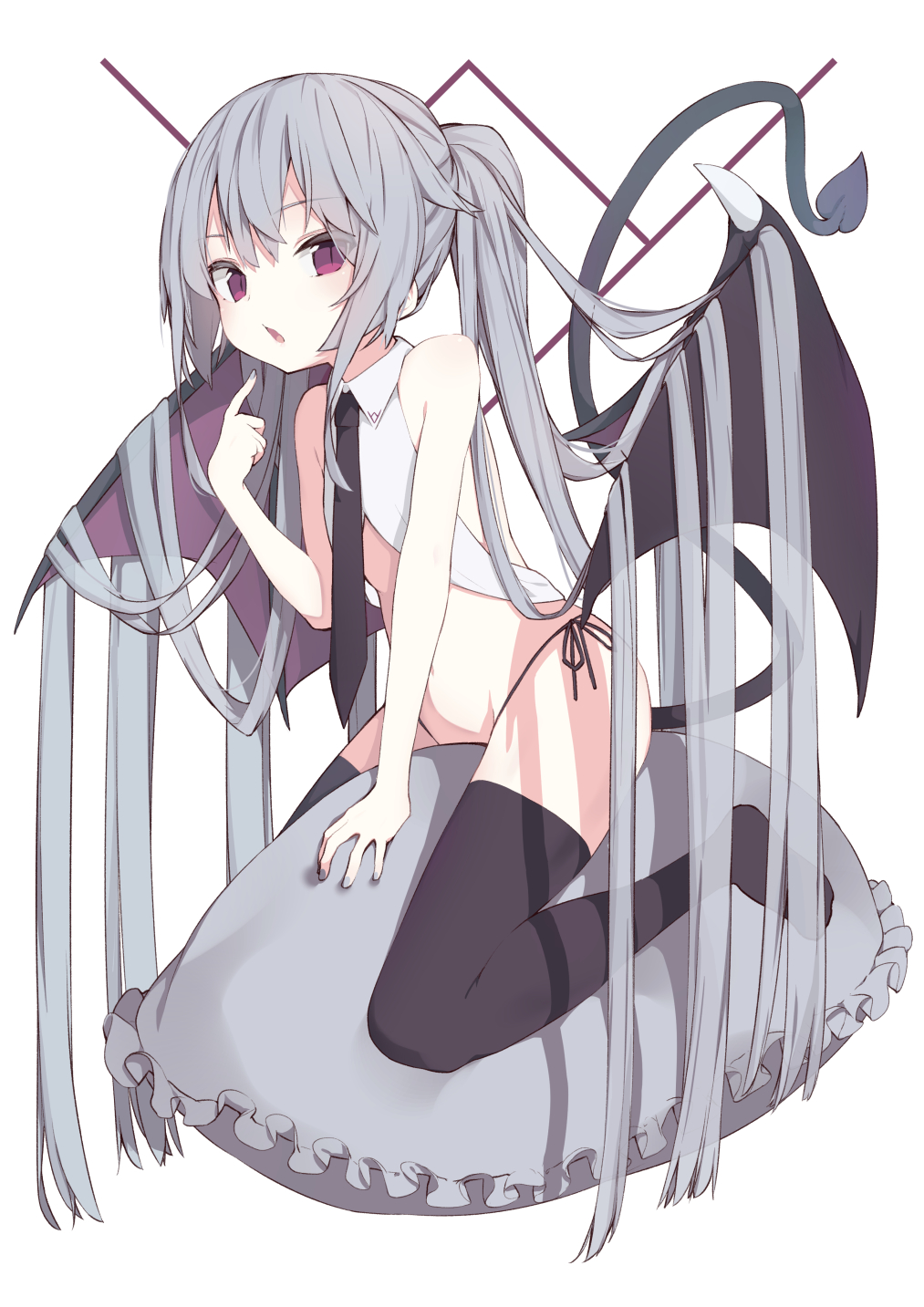 1girl :o absurdly_long_hair bare_arms bare_shoulders black_legwear black_neckwear black_panties center_opening collared_shirt commentary_request demon_girl demon_tail demon_wings frills highres long_hair looking_at_viewer necktie no_pants no_shoes open_mouth original panties paryi pillow pointing pointing_at_self shirt side-tie_panties sidelocks silver_hair sleeveless sleeveless_shirt slit_pupils solo stomach tail thigh-highs thighs twintails underwear very_long_hair violet_eyes white_background white_shirt wings