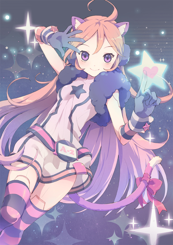 android animal_ears belt cat_ears cat_tail dress earmuffs gloves headphones index_finger_raised kneehighs long_hair miki_(vocaloid) outstretched_hand red_eyes red_hair redhead robot_joints sf-a2_miki smile socks solo star striped striped_gloves striped_kneehighs tail thighhighs tiru vocaloid wrist_cuffs