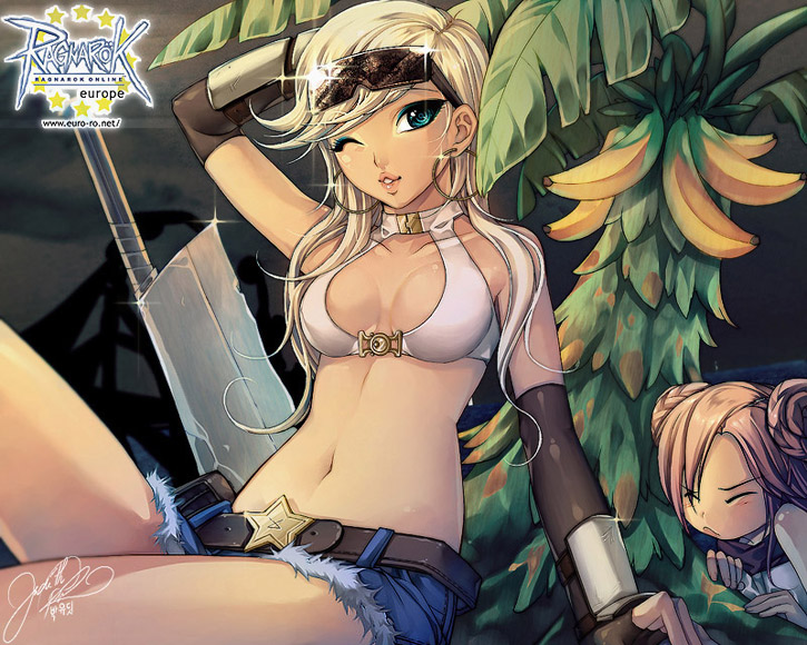 banana belt bikini_top blonde_hair blue_eyes breasts cleavage closed_eyes denim denim_shorts double_bun earrings fingerless_gloves food fruit gloves jewelry judith_park multiple_girls ragnarok_online shorts sitting sunglasses tree weapon whitesmith wink