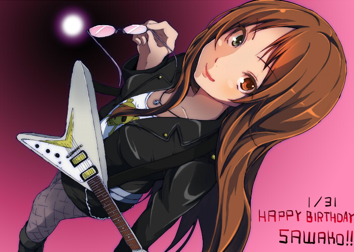 blush boots brown_eyes brown_hair casual dutch_angle fishnet_pantyhose fishnets flying_v from_above gibson glasses glasses_removed grey_eyes guitar happy_birthday heterochromia holding holding_glasses instrument jacket jewelry k-on! leather leather_jacket long_hair looking_up miniskirt necklace nishiuri_warito open_clothes open_jacket open_mouth pantyhose pendant skirt skull_and_crossbones smile solo standing suika_wari yamanaka_sawako