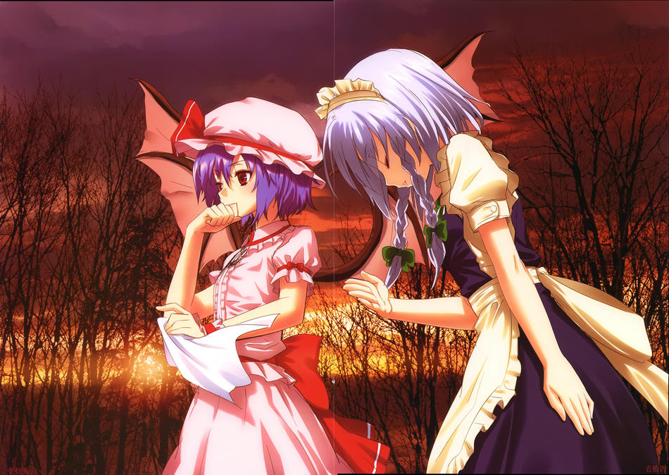 2girls bat_wings blood bowing braid crease handkerchief hands hat izayoi_sakuya jpeg_artifacts maid maid_headdress multiple_girls photo_background red_eyes remilia_scarlet scan silver_hair sunlight sunset thinking touhou twin_braids wings yasuyuki