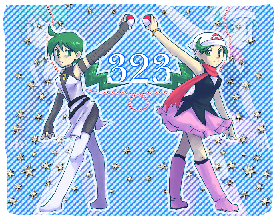 artist_request boots bracelet dual_persona frown green_eyes green_hair jewelry knee_boots long_hair mitsumi_(pokemon) poke_ball pokemon pokemon_diamond_&amp;_pearl_adventures ponytail scarf skirt smile spoilers team_galactic