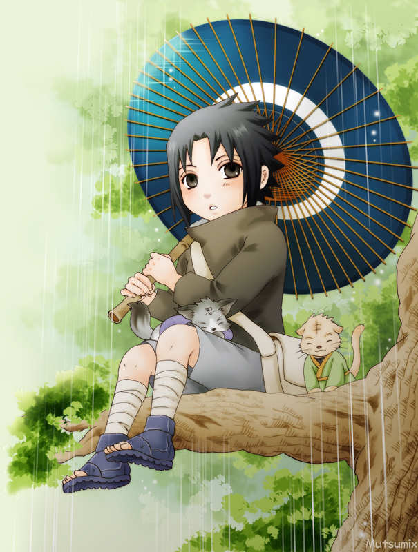 cat child in_tree mutsumix naruto rain sitting sitting_in_tree tree tree_sitting uchiha_sasuke