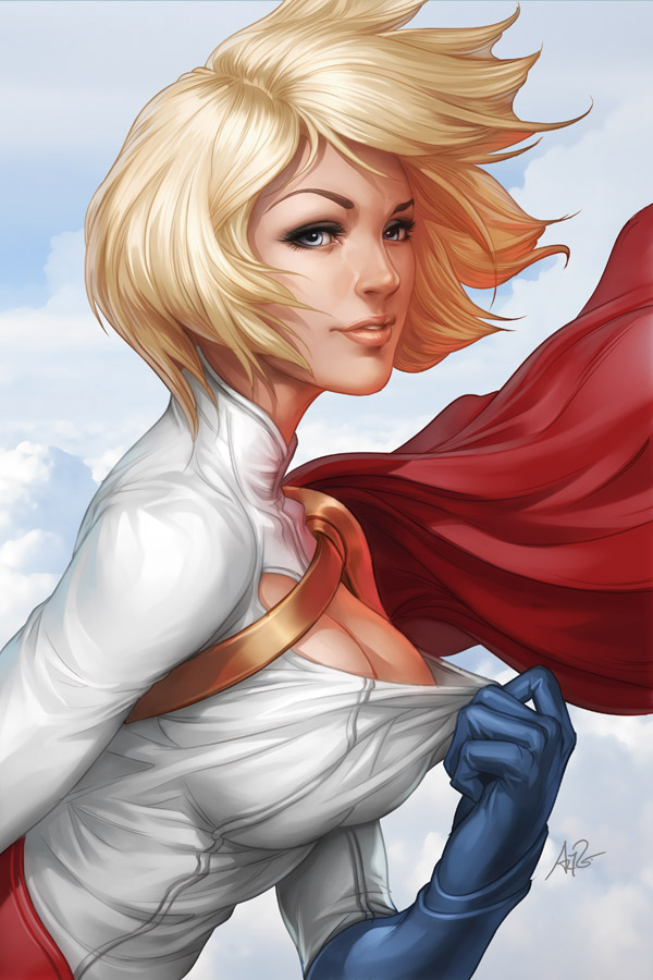 artgerm blonde_hair blue_eyes breasts cape cleavage cleavage_cutout cleavage_reach clouds cloudy_sky dc_comics elbow_gloves eyelashes gloves justice_league large_breasts lips power_girl realistic short_hair sky solo stanley_lau