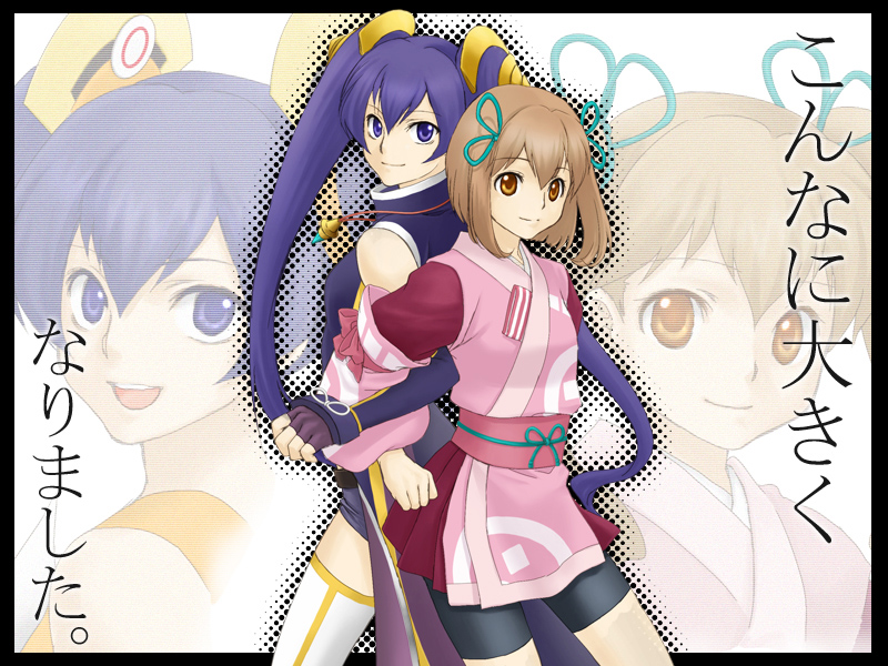 ar_tonelico ar_tonelico_ii ar_tonelico_iii back-to-back back_to_back bare_shoulders bike_shorts bow brown_hair cocona_vatel dual_persona elbow_gloves fingerless_gloves gloves gust hair_bow hair_ornament japanese_clothes jewelry kanoca long_hair multicolored_legwear multicolored_thighhighs multiple_girls necklace obi pendant purple_eyes purple_hair sasha_(ar_tonelico) short_hair thigh-highs thighhighs very_long_hair violet_eyes white_legwear white_thighhighs yellow_eyes zoom_layer