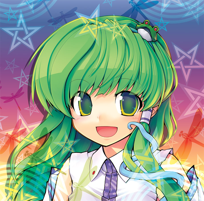 dragonfly ebizome frog green_eyes green_hair hair_ornament kochiya_sanae long_hair snake star syslila touhou