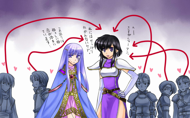 annotated armor black_hair blush cape celice_(fire_emblem) delmud_(fire_emblem) dress earrings elbow_gloves fire_emblem fire_emblem:_seisen_no_keifu fire_emblem_genealogy_of_the_holy_war gloves heart jewelry johan_(fire_emblem) lakche lakche_(fire_emblem) lavender_hair lester_(fire_emblem) long_hair oifaye_(fire_emblem) open_mouth purple_eyes short_hair siblings side_slit smile sweat translation_request violet_eyes yuria_(fire_emblem)