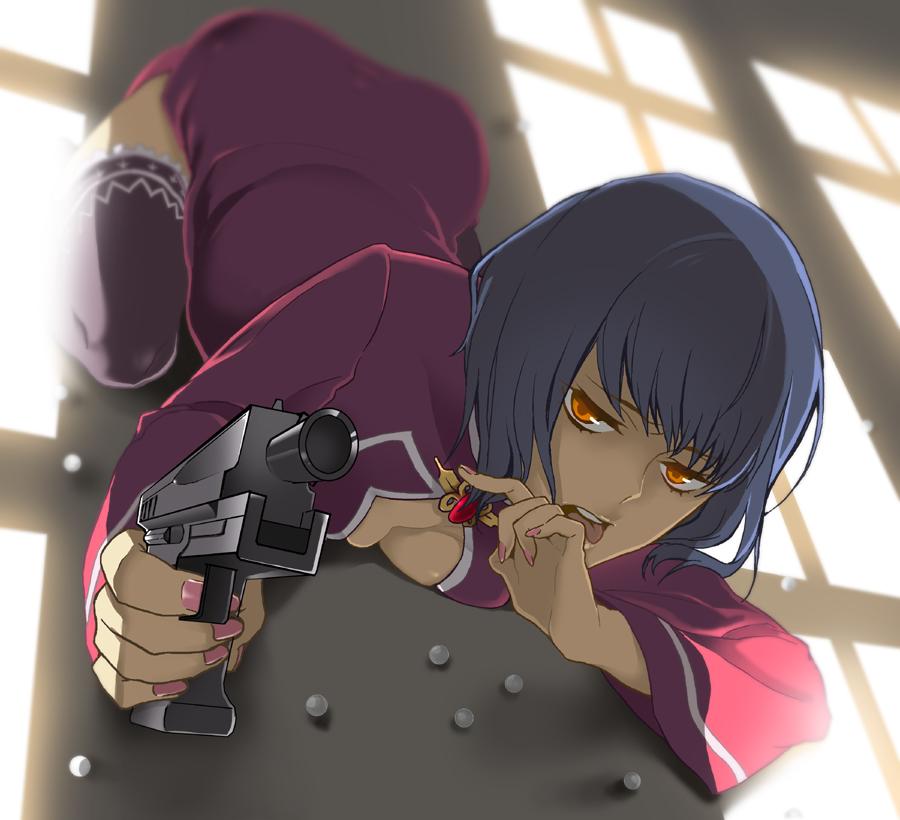 black_legwear black_thighhighs blue_hair breast_press breasts calorie_off canaan china_dress chinese_clothes cleavage cleavage_cutout gun handgun liang_qi nail_polish orange_hair short_hair thigh-highs thighhighs tongue weapon