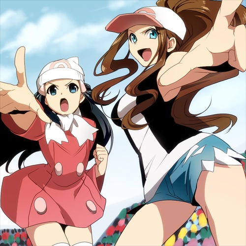 &gt;:) &gt;:d &gt;:o :d alternate_costume baseball_cap beanie black_hair blue_eyes brown_hair cap denim denim_shorts hat hikari_(pokemon) hikari_(pokemon)_(remake) hirococo hirococo_(hakka) lowres multiple_girls open_mouth pointing pokemon pokemon_(game) pokemon_black_and_white pokemon_bw pokemon_diamond_and_peal pokemon_dppt pokemon_platinum ponytail shorts smile thigh-highs thighhighs touko_(pokemon) vest winter_clothes