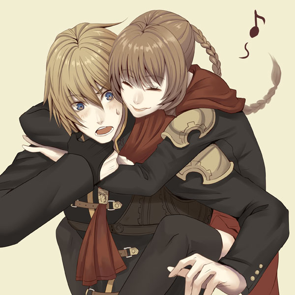 braid brown_hair cinque_(fft-0) final_fantasy final_fantasy_type-0 fujimaru fujimaru_(green_sparrow) hug hug_from_behind musical_note neck_hug open_mouth single_braid smile surprised sweatdrop trey_(fft-0)