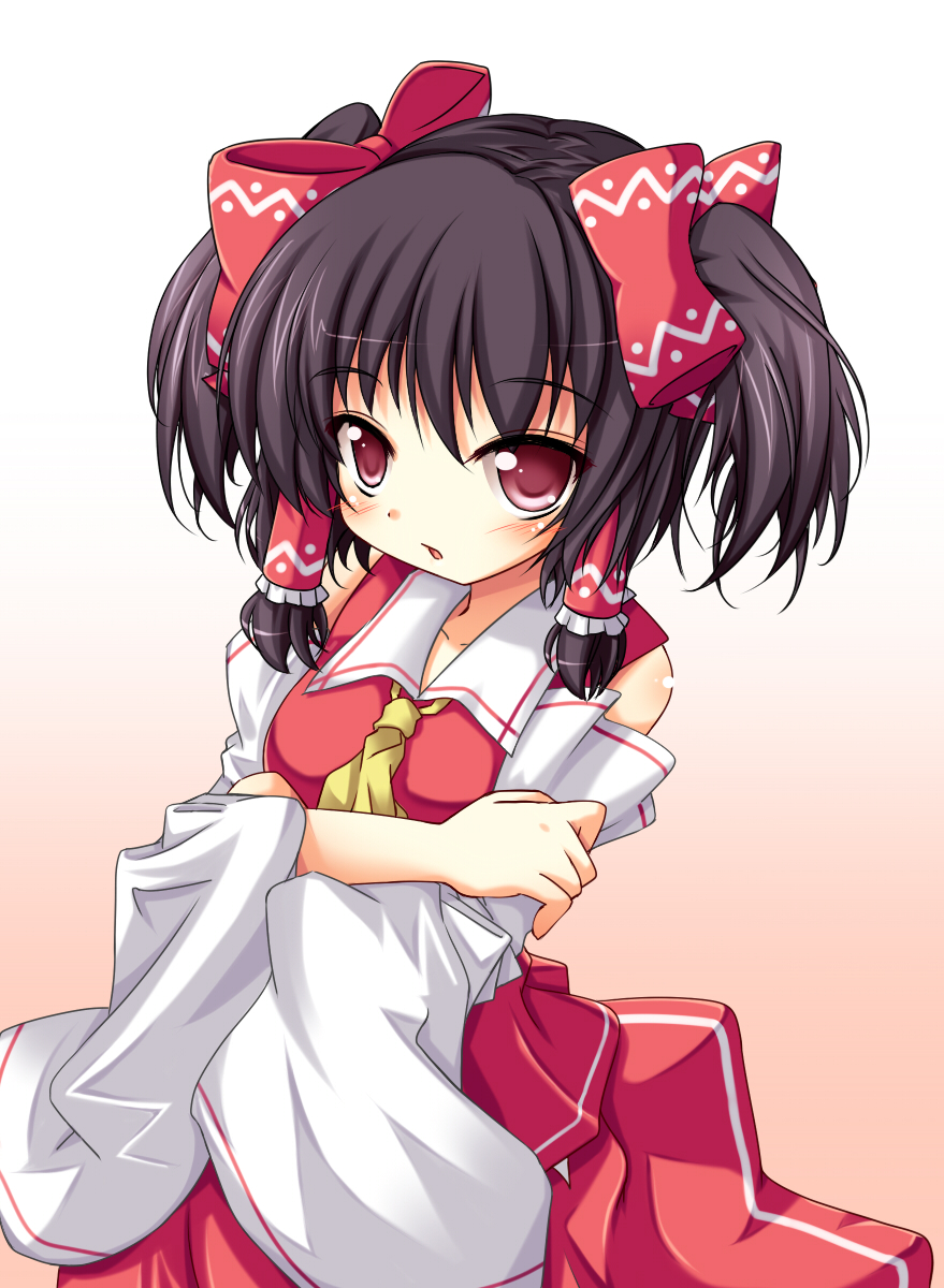 alternate_hairstyle ascot bare_shoulders black_hair blush detached_sleeves gradient gradient_background hair_ribbon hair_tubes hakurei_reimu highres holding_arm looking_at_viewer miko open_mouth patterned red_eyes ribbon self_hug shefu short_hair simple_background skirt skirt_set sleeveless sleeveless_shirt solo standing touhou twintails wide_sleeves