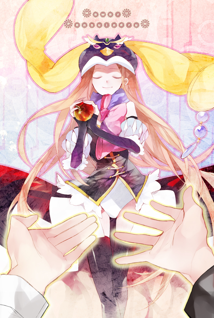 apple ayu_(auko2010) bad_id bare_shoulders black_legwear boots brown_hair closed_eyes elbow_gloves eyes_closed food fruit gloves hat holding holding_apple holding_fruit long_hair mawaru_penguindrum outstretched_hand princess_of_the_crystal takakura_himari thigh-highs thigh_boots thighhighs