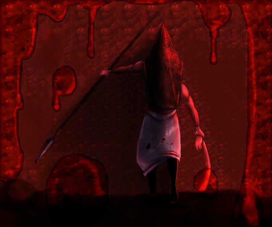 apron blood commentary gloves hat helmet male_focus monster muscle polearm pyramid_head silent_hill silent_hill_2 spear weapon
