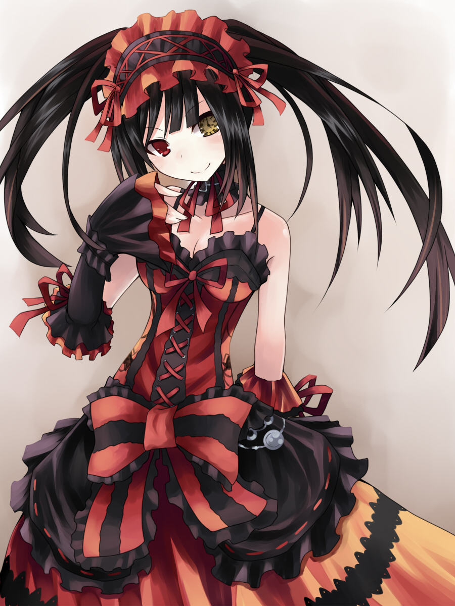 1girl bare_shoulders black_hair breasts cleavage clock_eyed date_a_live dress frills gothic_lolita hairband heterochromia highres keid lolita_fashion lolita_hairband long_hair looking_at_viewer red_eyes ribbon smile solo tagme tokisaki_kurumi twintails yellow_eyes