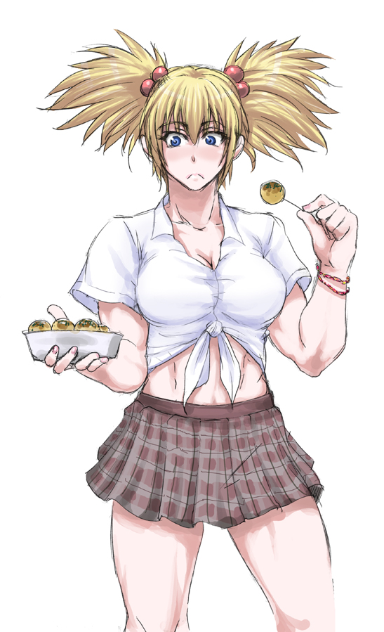 1girl abs blonde_hair blue_eyes blush bracelet breasts cleavage frown hair_bobbles hair_ornament holding jewelry midriff muscle nail_polish remy_dadarne simple_background skirt solo takoyaki thighs tied_shirt toothpick twintails white_background wrestle_angels
