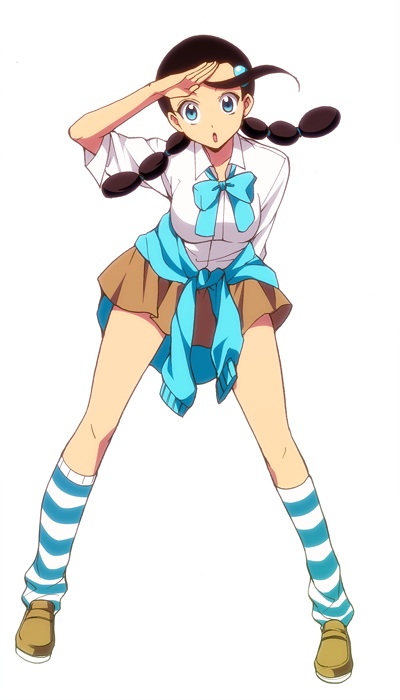 ahoge black_hair blue_eyes gym_leader hand_on_forehead hirococo hirococo_(hakka) jacket_around_waist legs loose_socks multi-tied_hair open_mouth pokemon pokemon_(game) pokemon_diamond_and_peal pokemon_diamond_and_pearl pokemon_dppt simple_background skirt sleeves_rolled_up socks solo striped striped_socks suzuna_(pokemon) sweater_around_waist twintails white_background