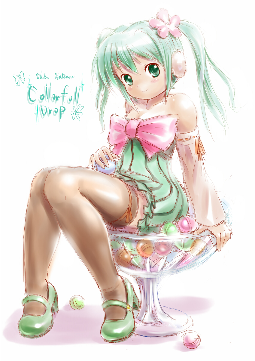 bare_shoulders colorful_x_melody_(vocaloid) dress earmuffs green_eyes green_hair hatsune_miku high_heels highres mary_janes moriichi project_diva project_diva_2nd shoes simple_background sitting solo thigh-highs thighhighs twintails vocaloid white_background