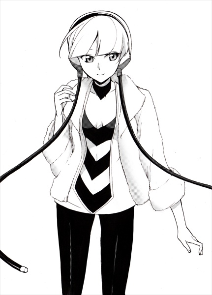 fur_coat headphones hirococo hirococo_(hakka) jacket kamitsure_(pokemon) leggings monochrome navel pantyhose pokemon pokemon_(game) pokemon_black_and_white pokemon_bw simple_background solo white_background