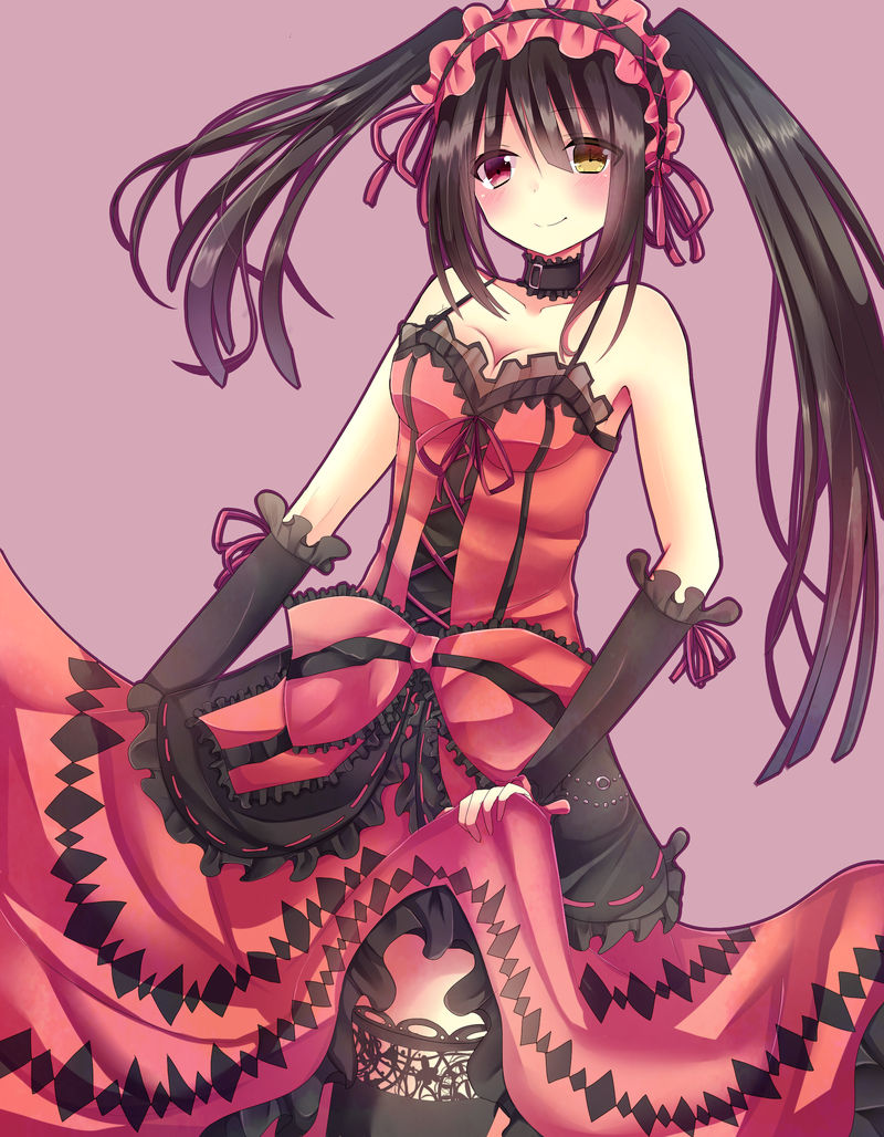 1girl bare_shoulders black_hair blush breasts cleavage clock_eyed date_a_live dress frills gothic_lolita hairband heterochromia kakyoxx lolita_fashion lolita_hairband long_hair looking_at_viewer red_eyes ribbon simple_background smile solo tagme thighhighs tokisaki_kurumi twintails yellow_eyes